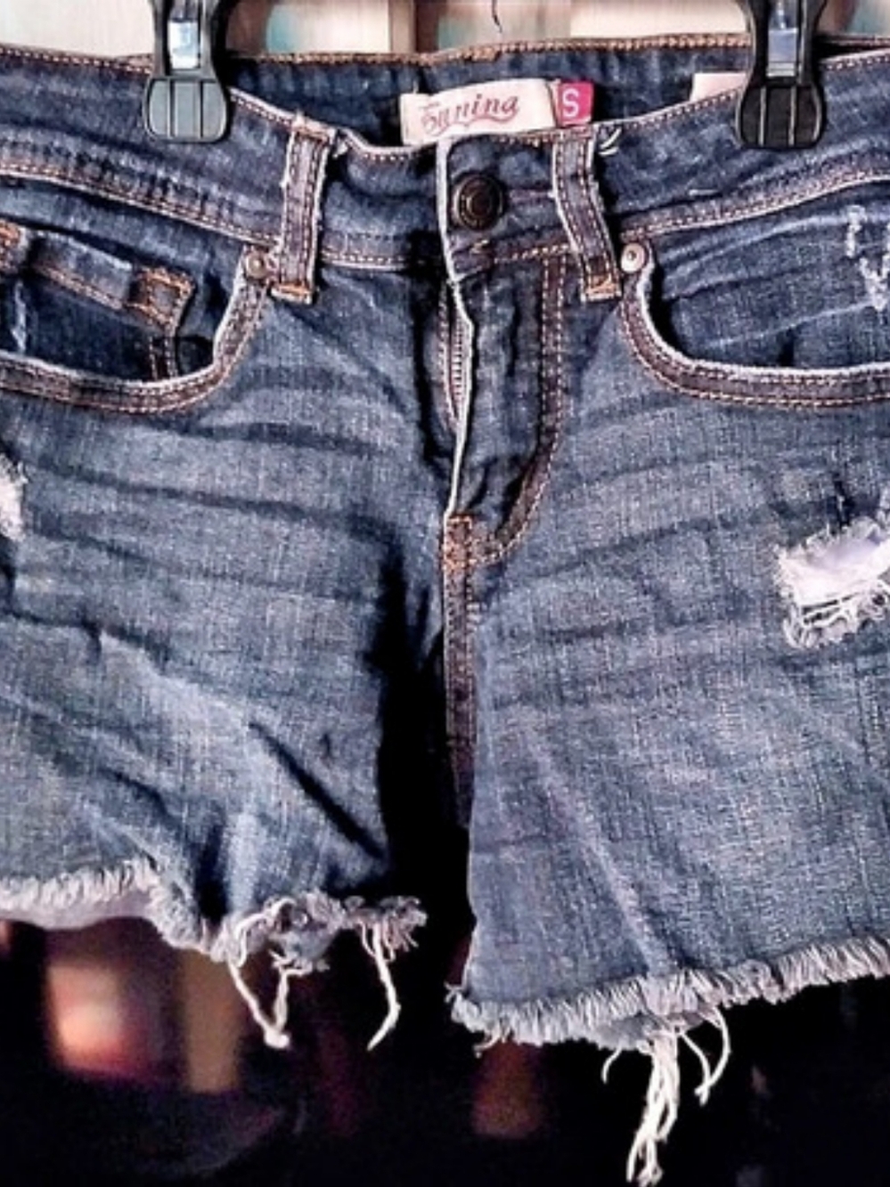 Flying Monkey Low Rise Shortie Distressed Jean Shorts in Blue Size Small